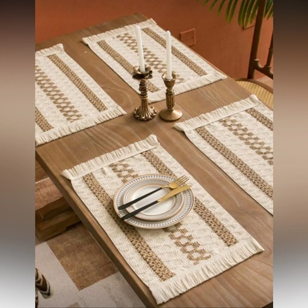 🌾 Set of 8 Boho Farmhouse Placemats – 12”x 20” – Fringe Woven Table Mats